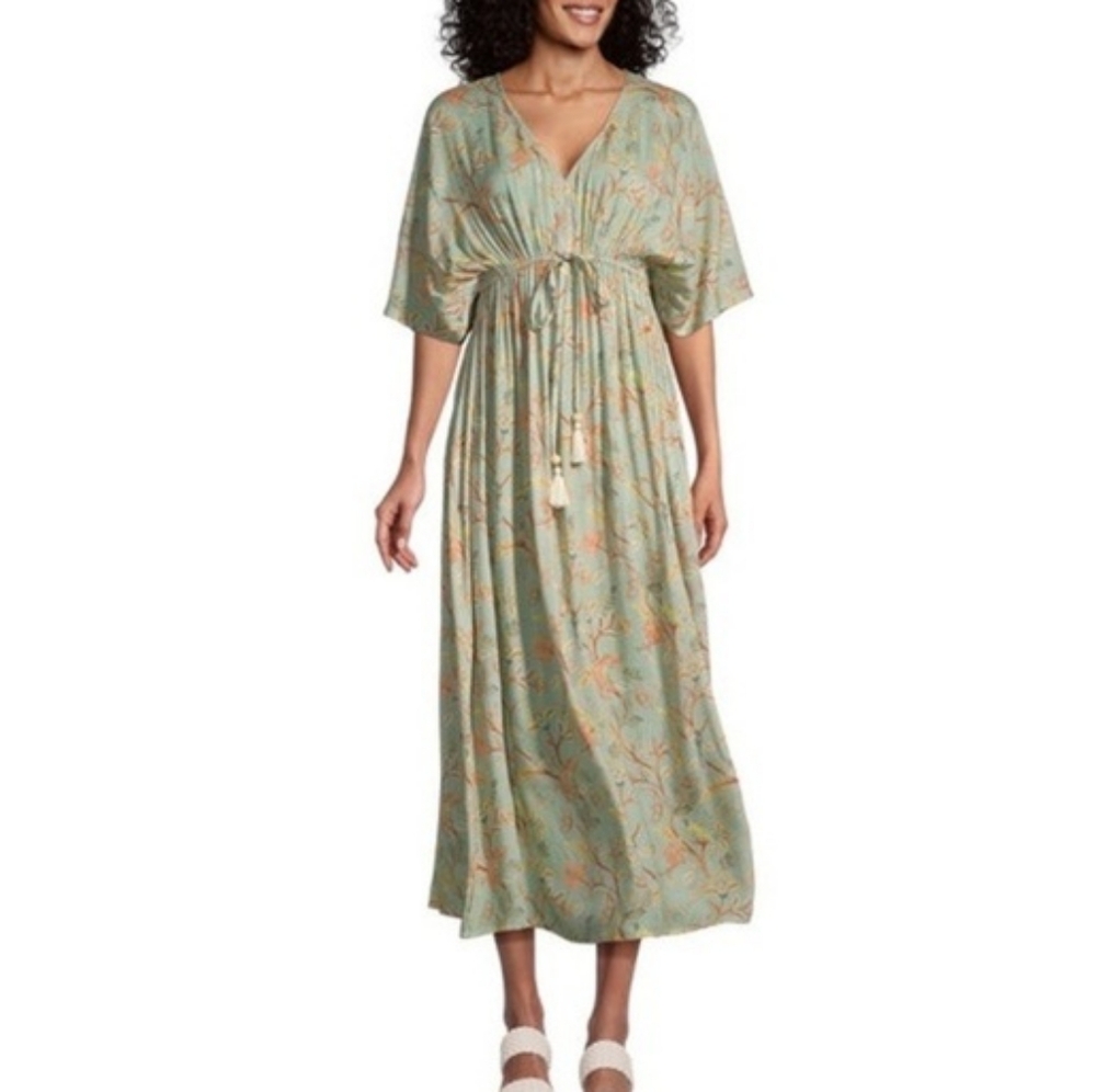 NWT - Floral Kaftan Maxi Dress in Green And Pink - Small/Medium